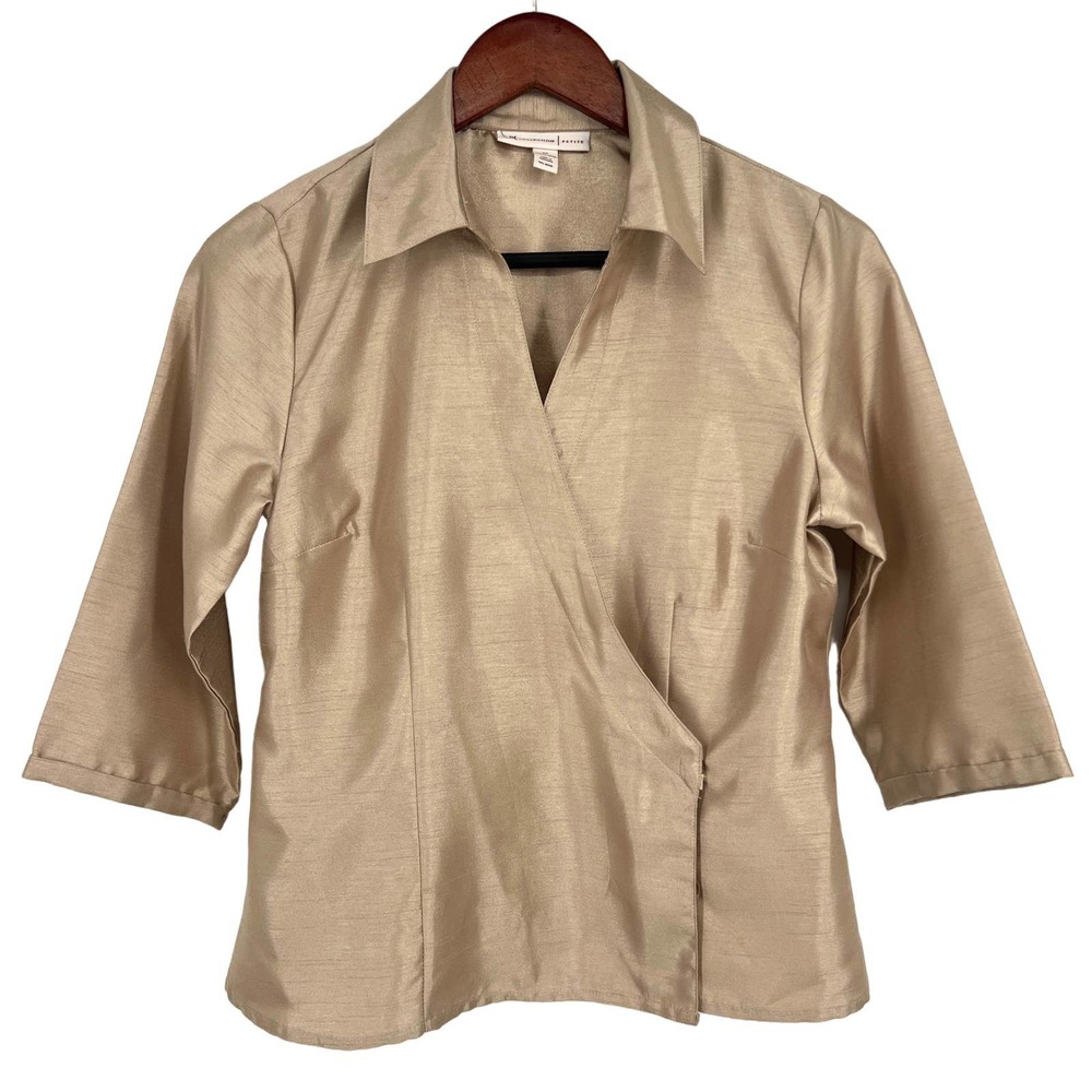 JM Collection Womens Size 6P Petite Gold Wrap Formal Blouse Shirt Top Elegant - Picture 1 of 8